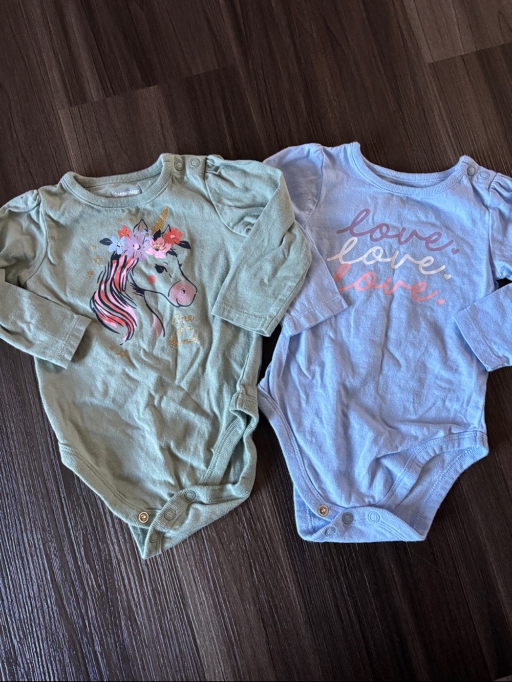 Long-Sleeve One-Piece Bodysuits — Sage Unicorn & Light Blue Love